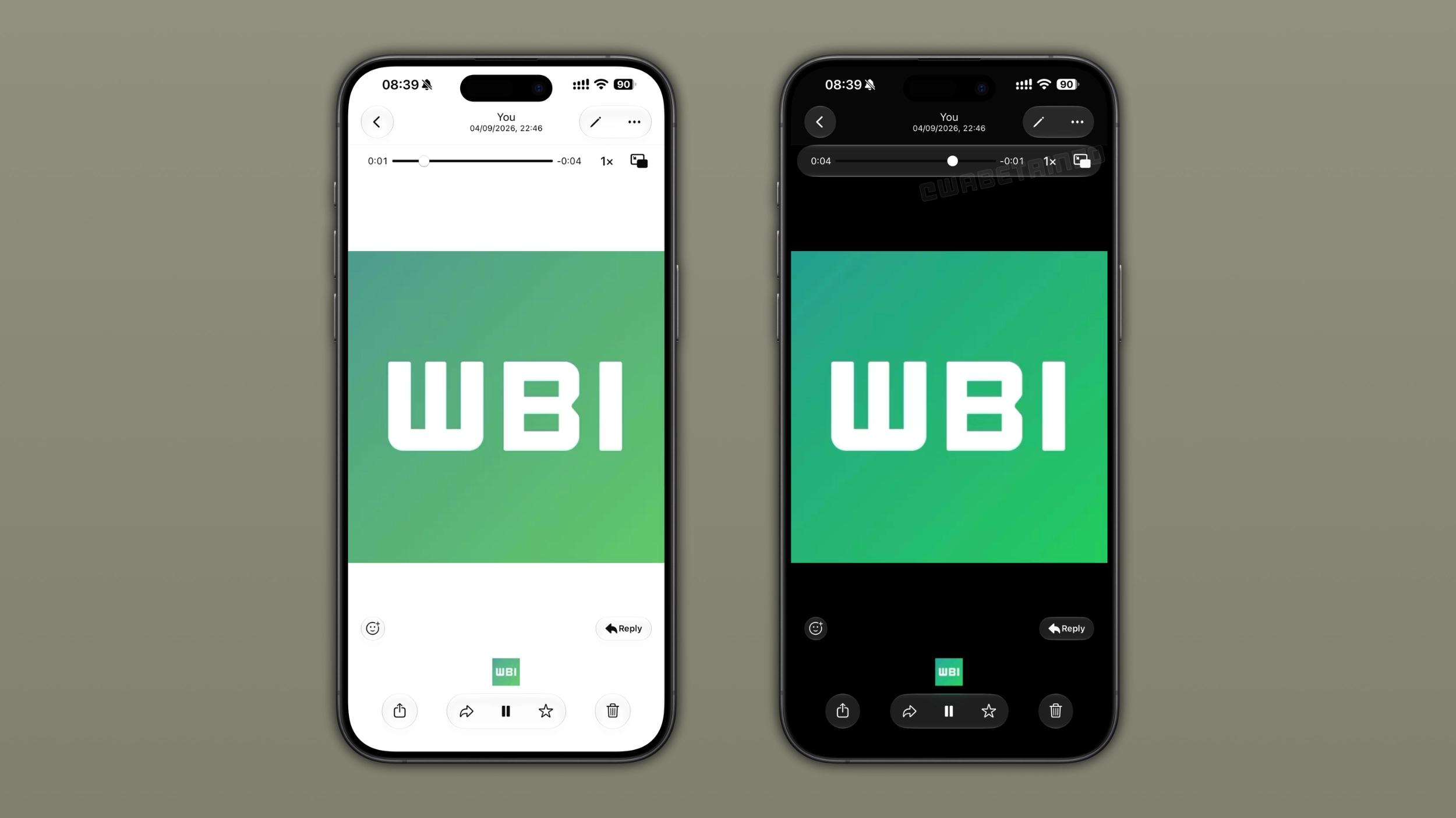 The image shows the Liquid Glass design for the video player progress bar on WhatsApp for iOS