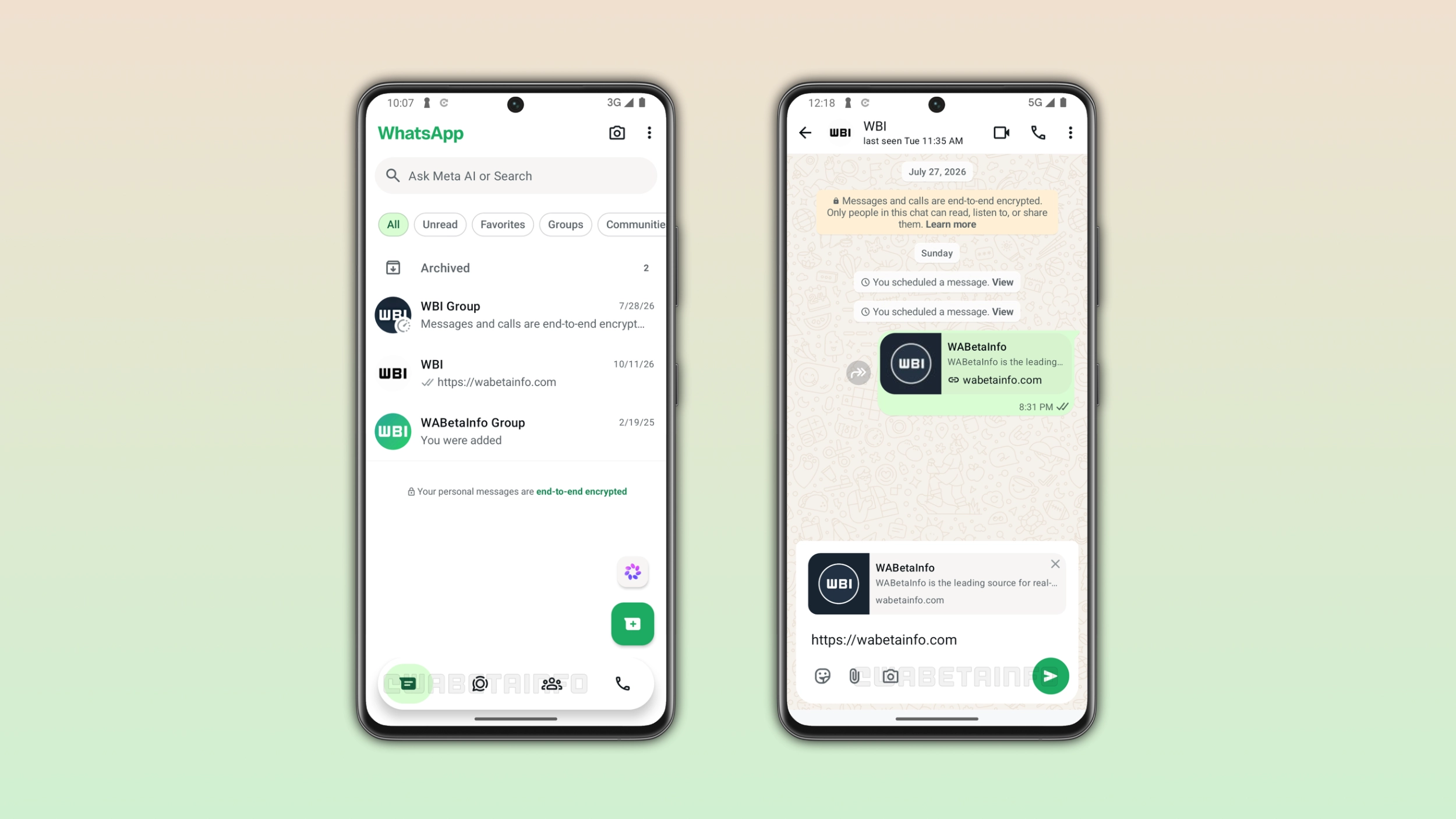 The image shows the new bottom navigation bar and chat bar on WhatsApp for Android