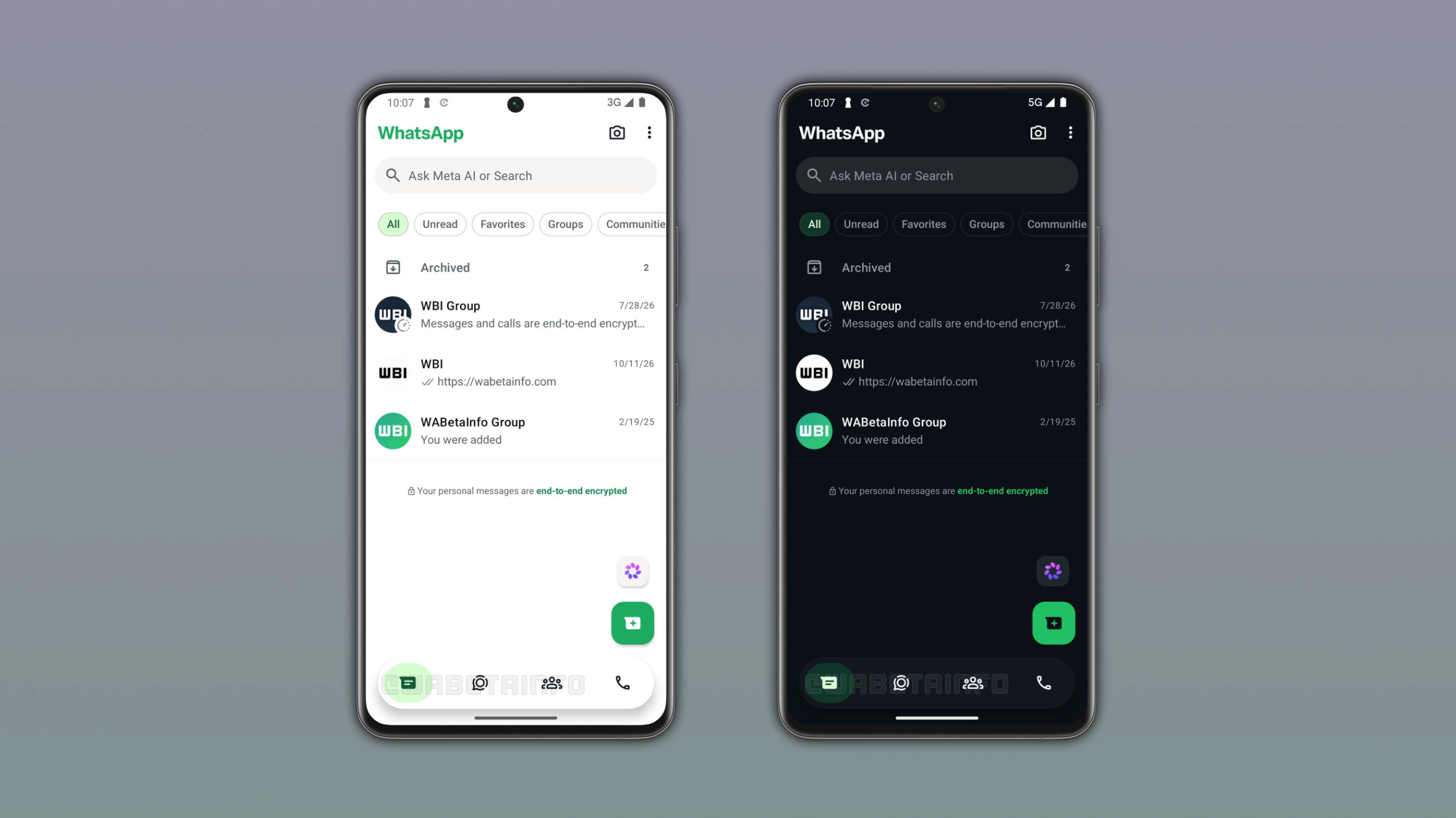 The image shows the new circular tab indicator in the bottom navigation bar on WhatsApp for Android