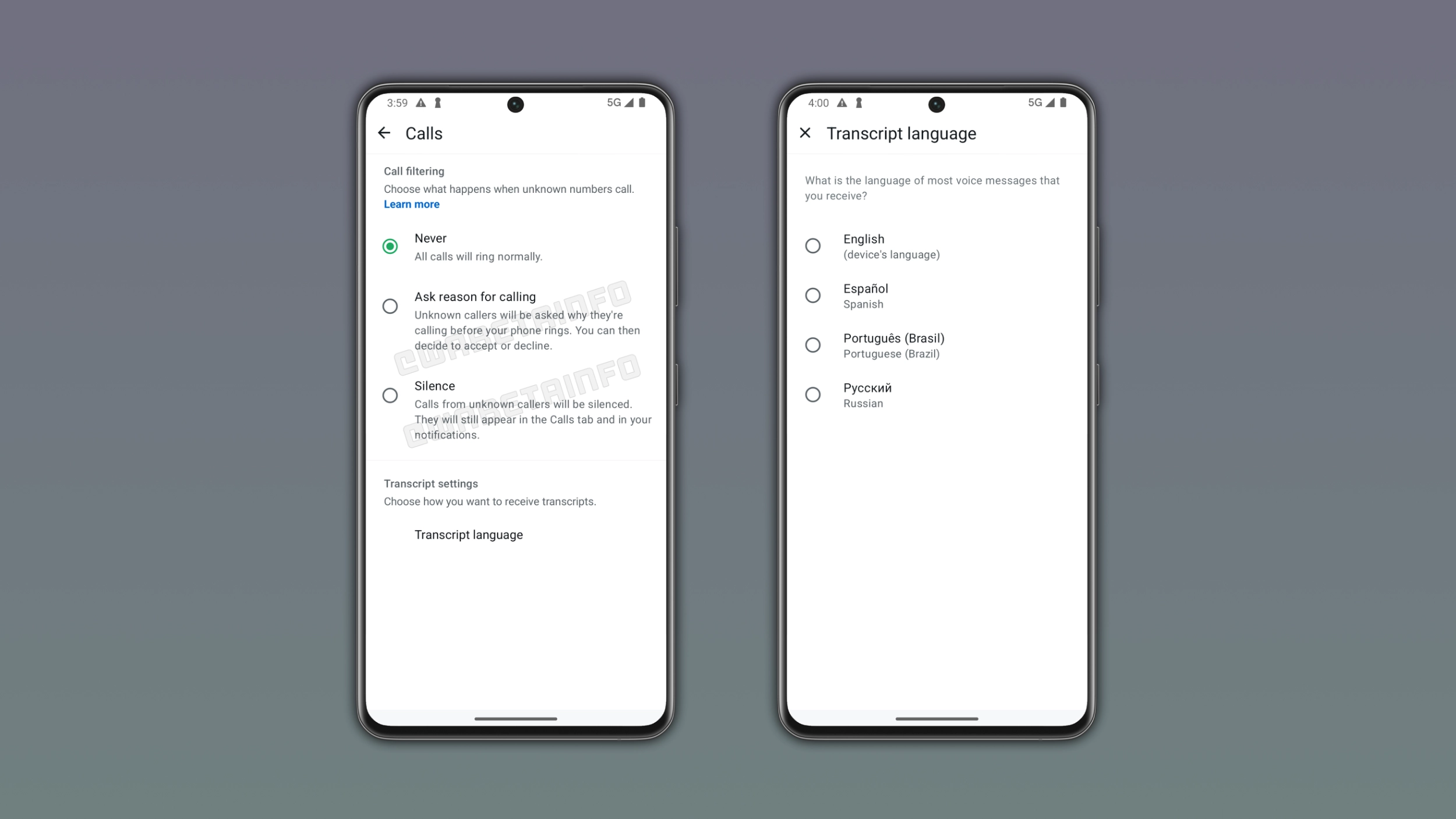 The image shows the new call filtering feature on WhatsApp for Android