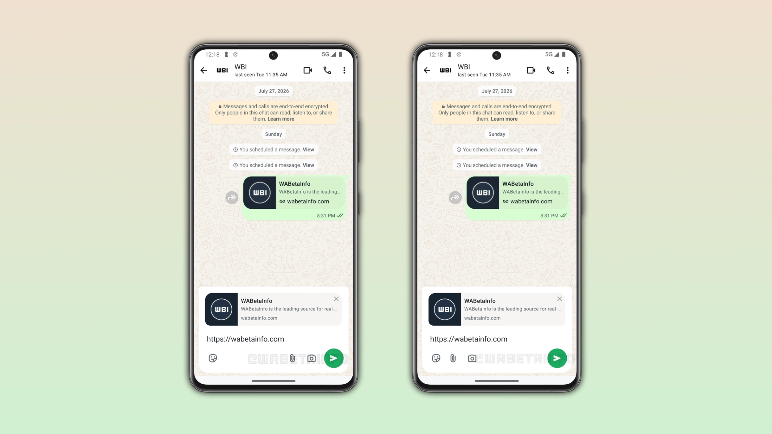 The image shows the redesigned chat bar on WhatsApp for Android