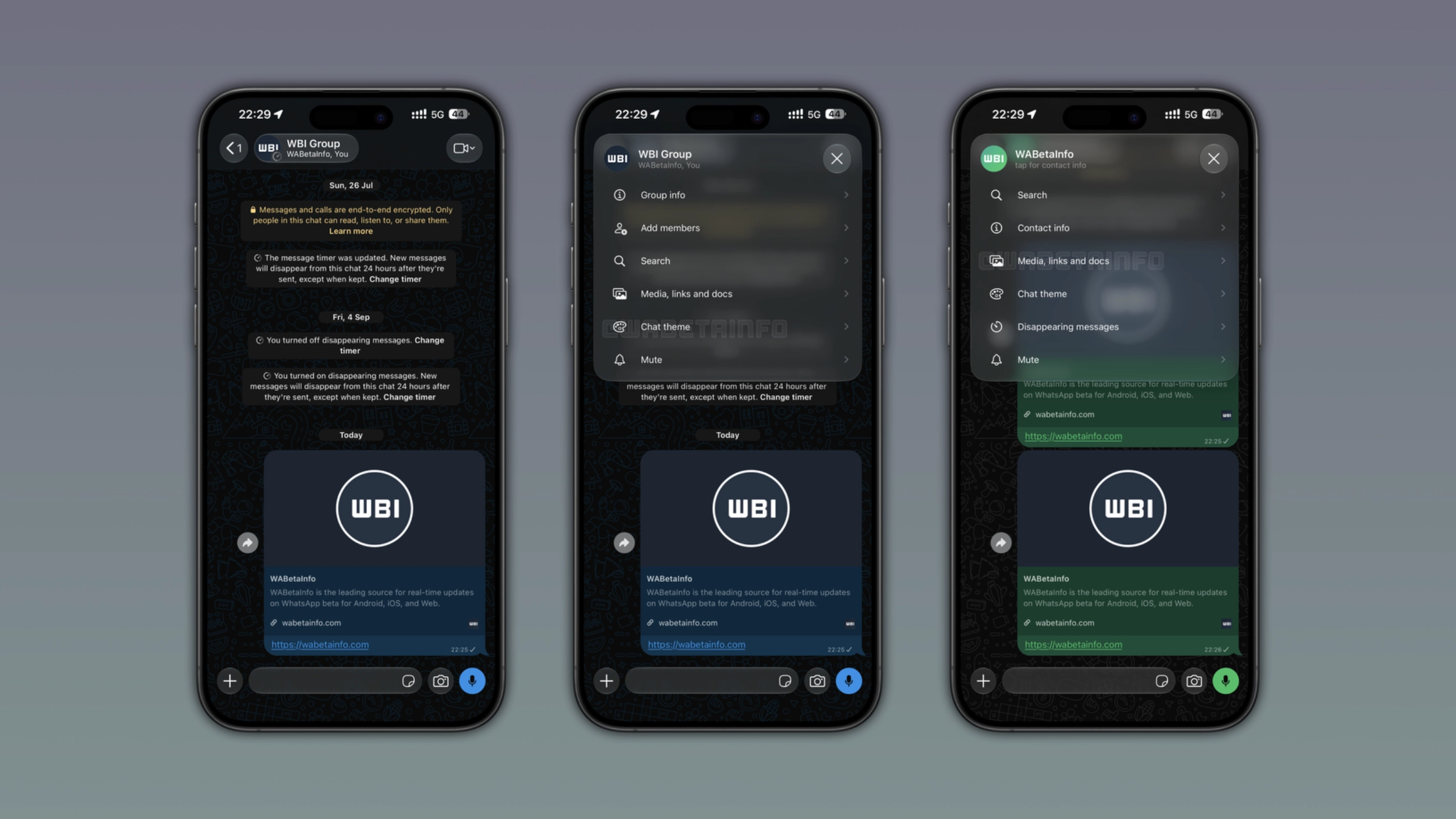 The image shows the new navigation experience for chats on WhatsApp for iOS