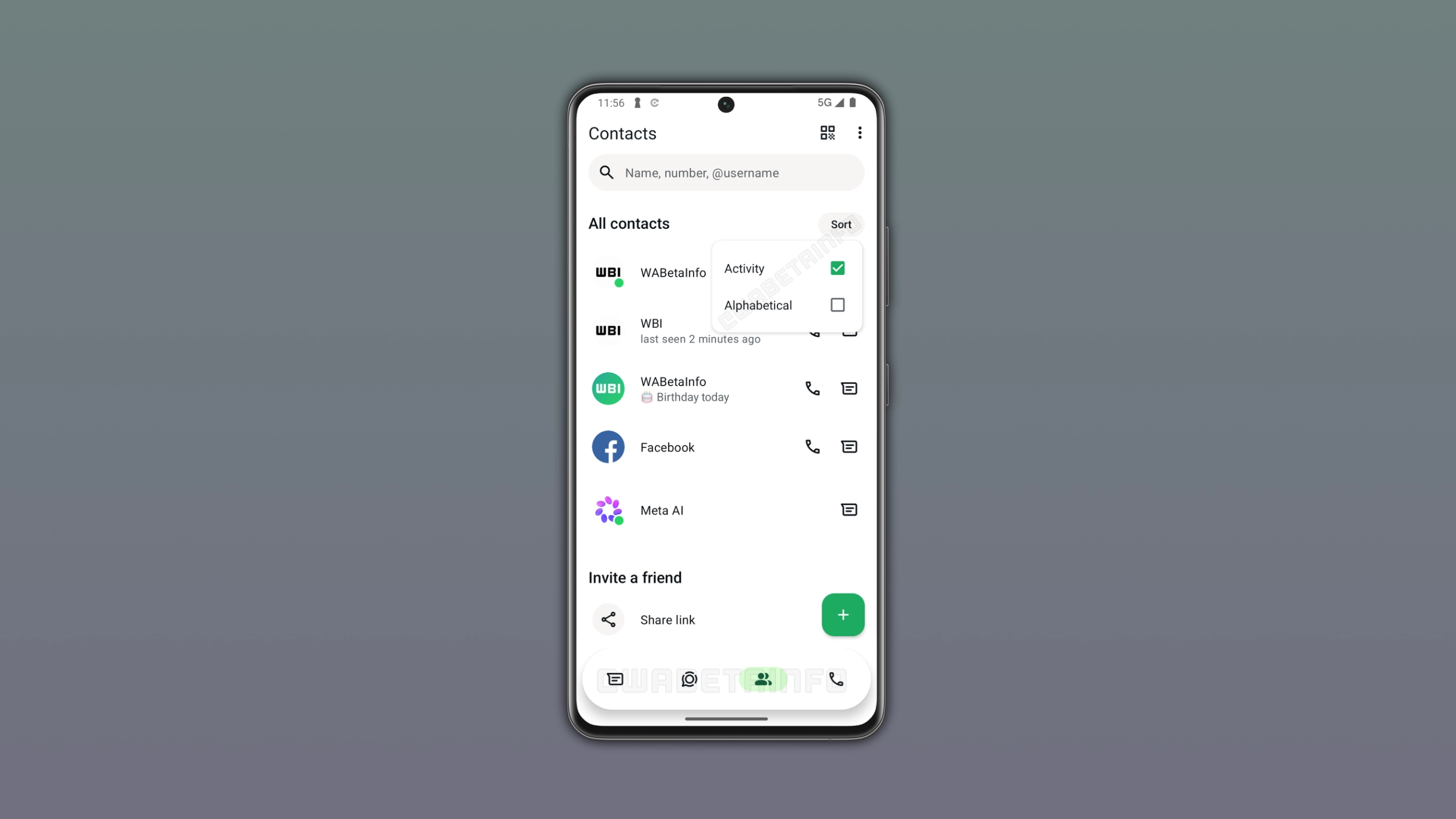 The image shows the new Contacts tab on WhatsApp for Android