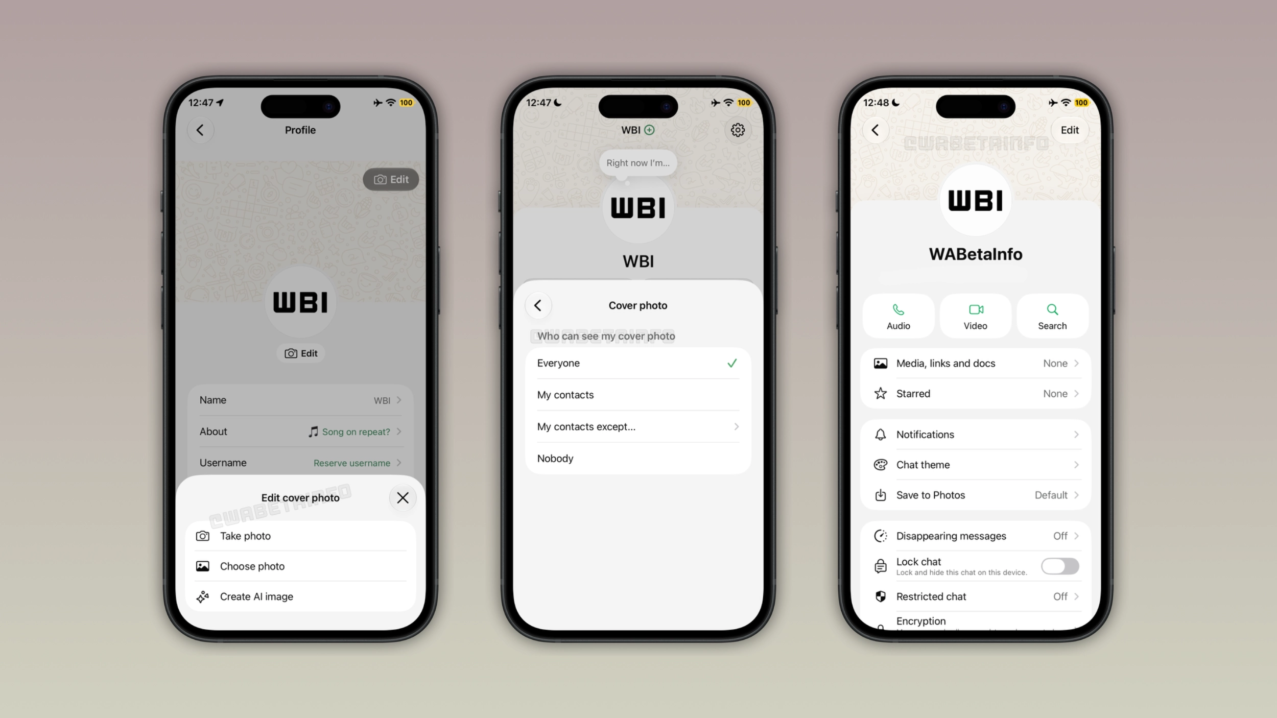 The image shows the profile cover photo feature on WhatsApp for iOS