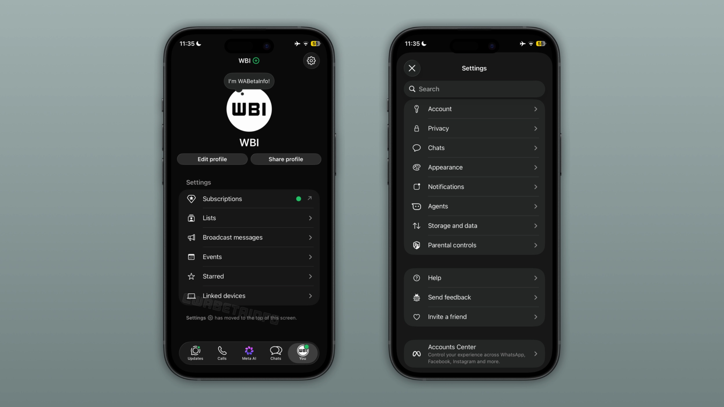 The image shows the redesigned Settings tab on WhatsApp for iOS