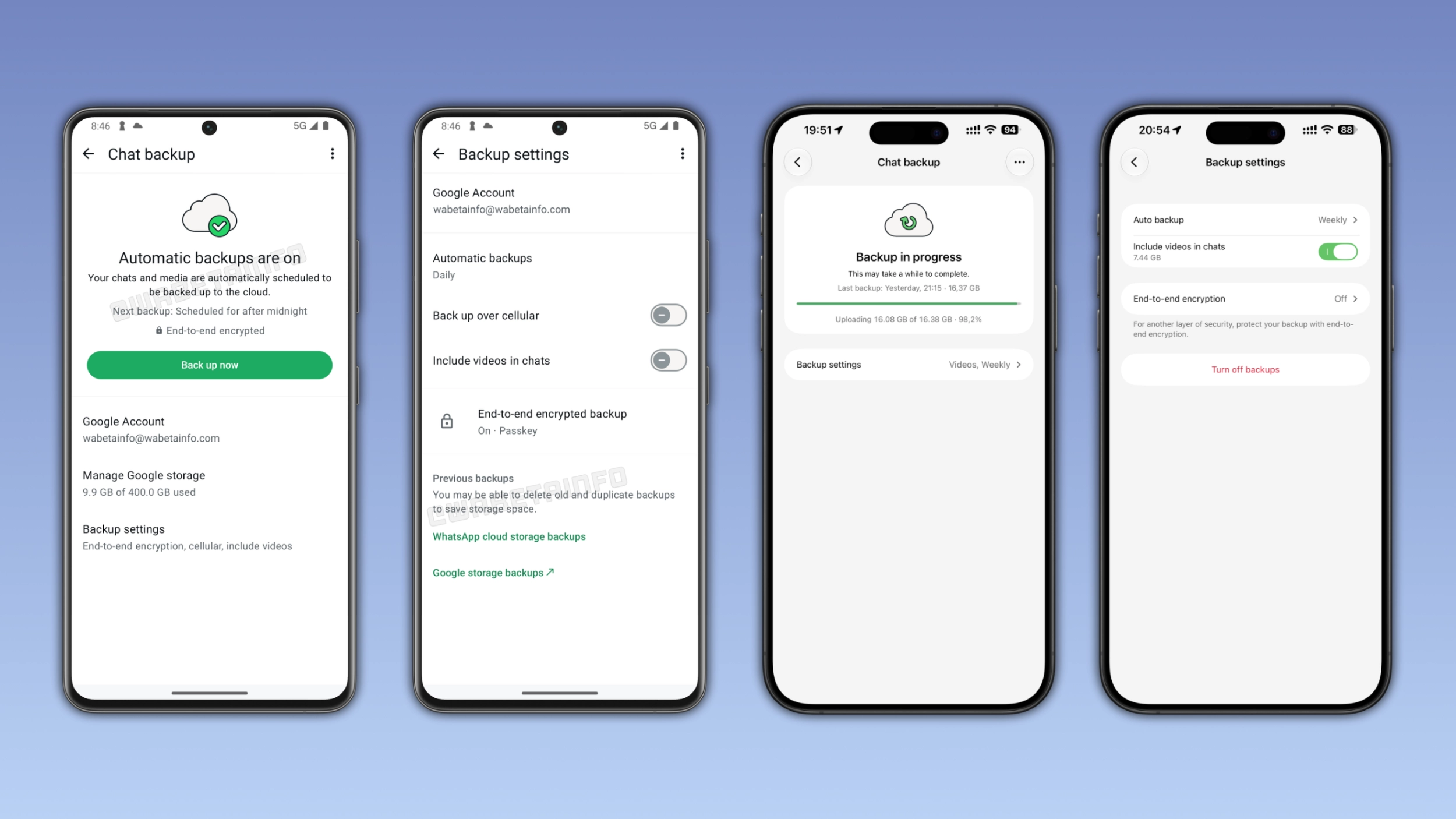 The image shows the redesigned chat backup screen on WhatsApp for Android and iOS