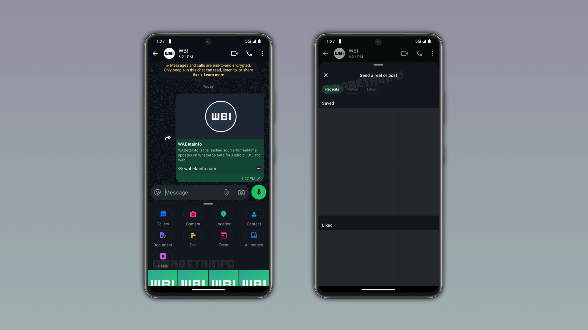 The image shows the Reels shortcut in the chat attachment menu on WhatsApp for Android