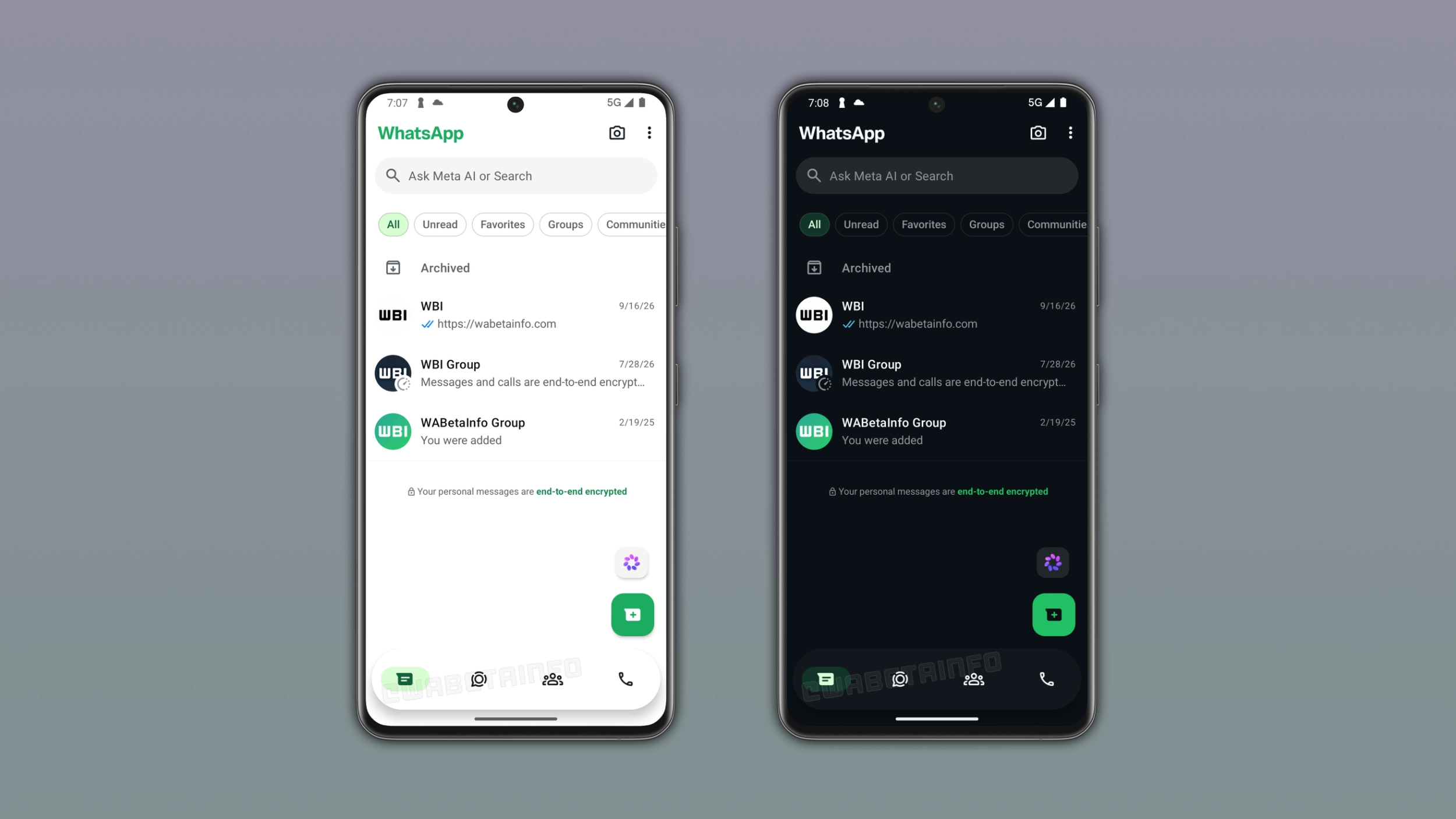 The image shows the bottom navigation bar without labels on WhatsApp for Android
