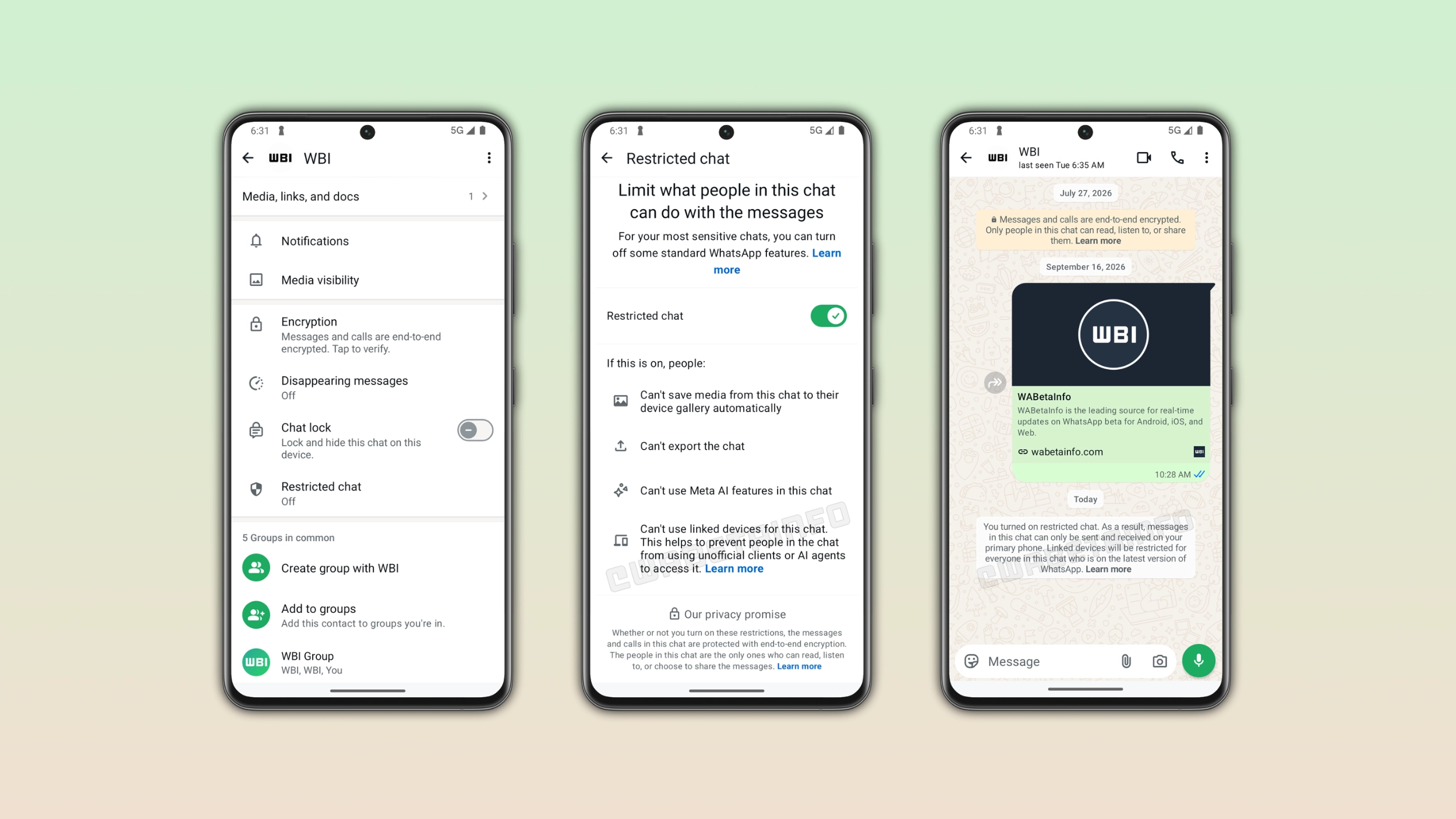 The image shows the Restricted Chat feature on WhatsApp for Android