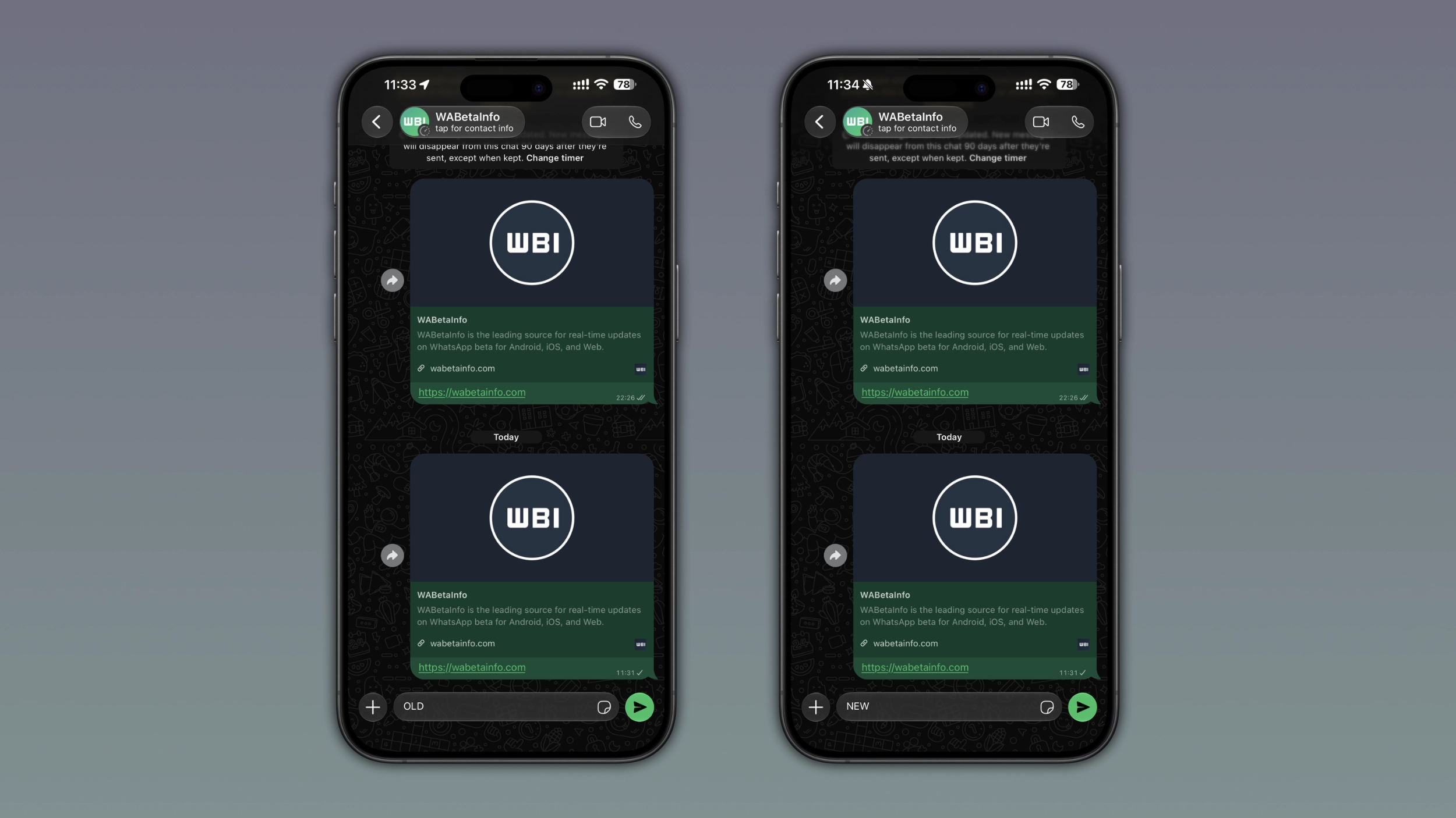The image shows the softer edge effect for the navigation bar in WhatsApp for iOS