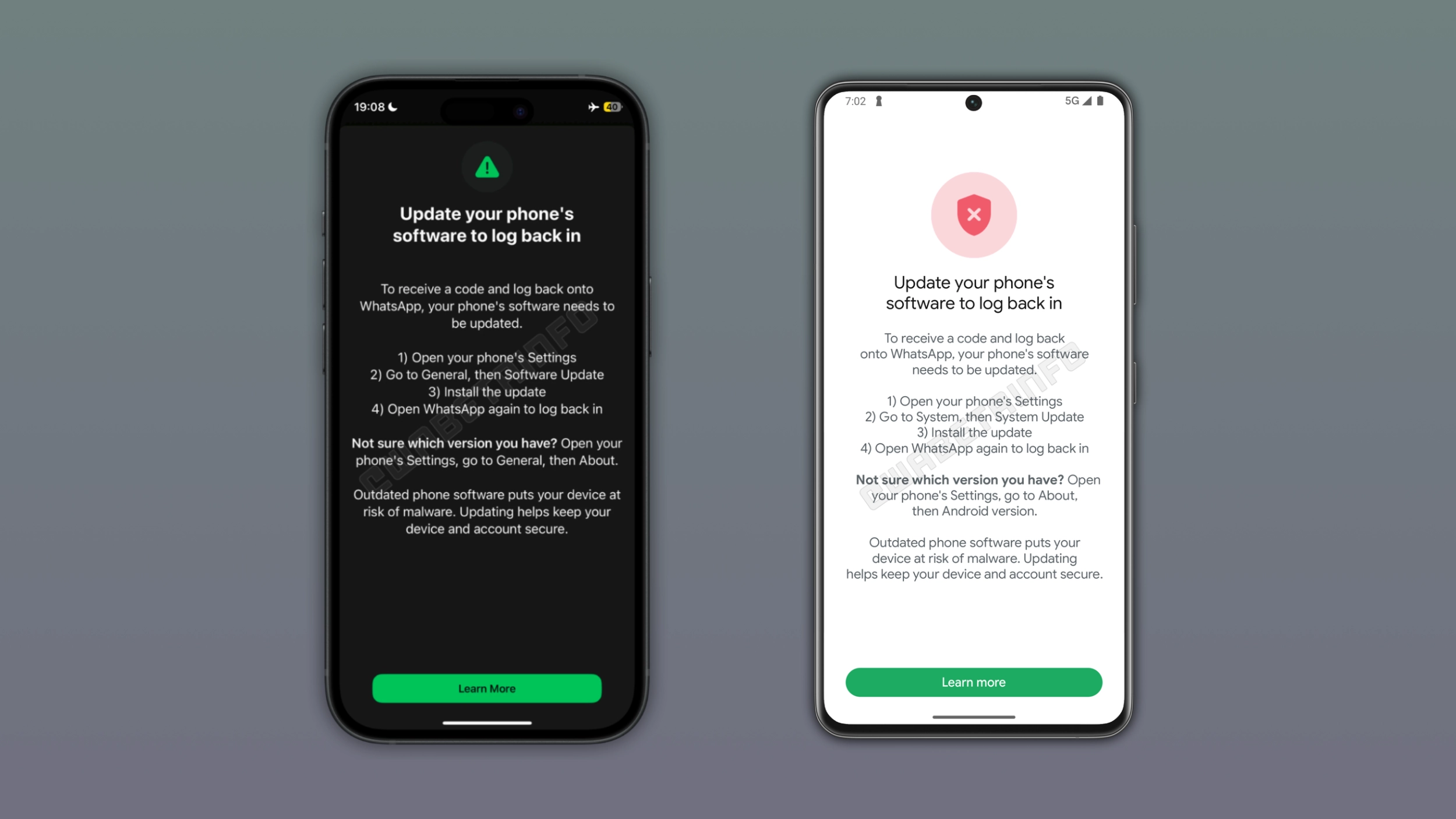 The image shows the OS update requirement to log in on WhatsApp for iOS and Android