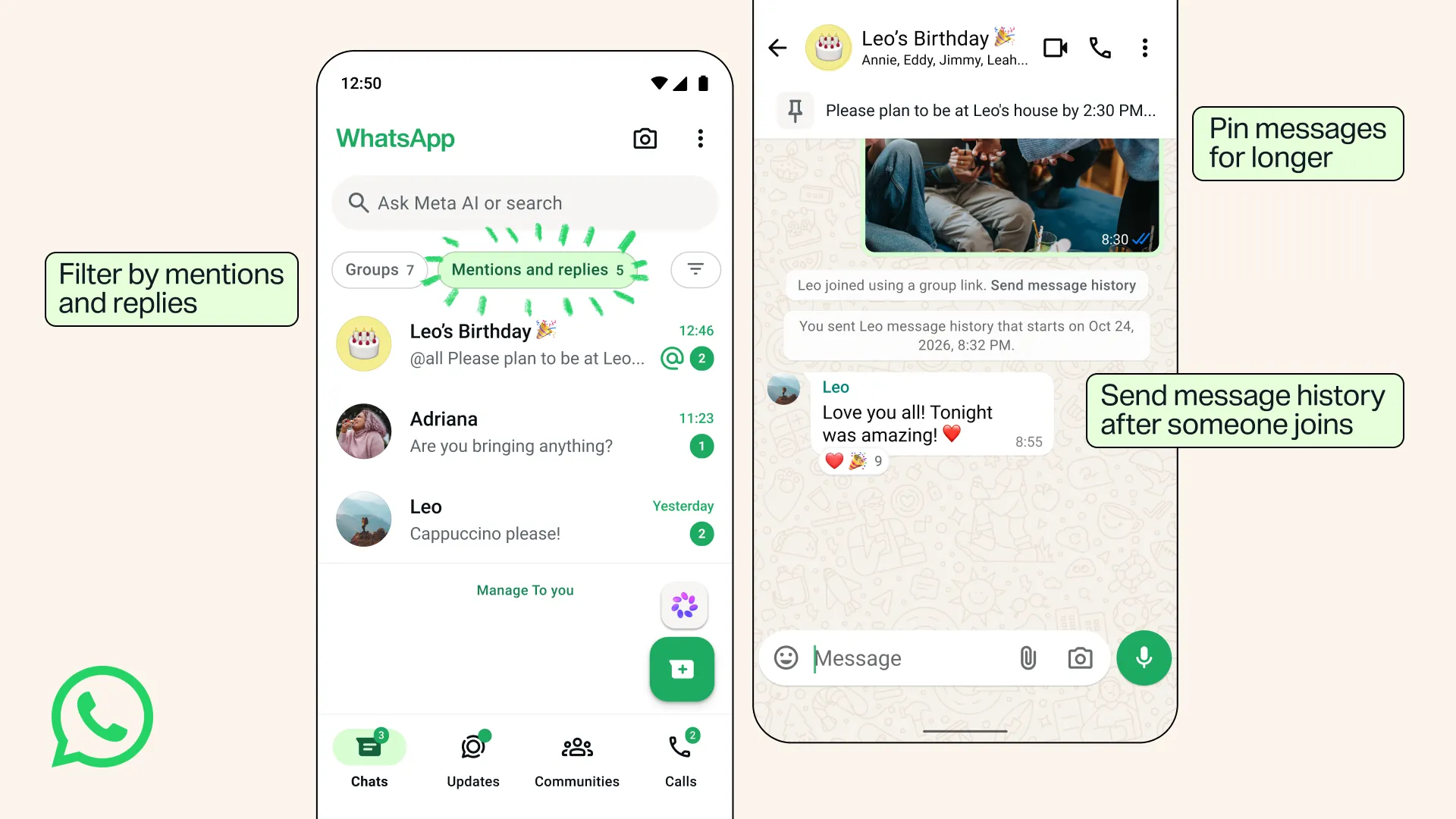 The image shows the new group chat updates on WhatsApp for Android and iOS