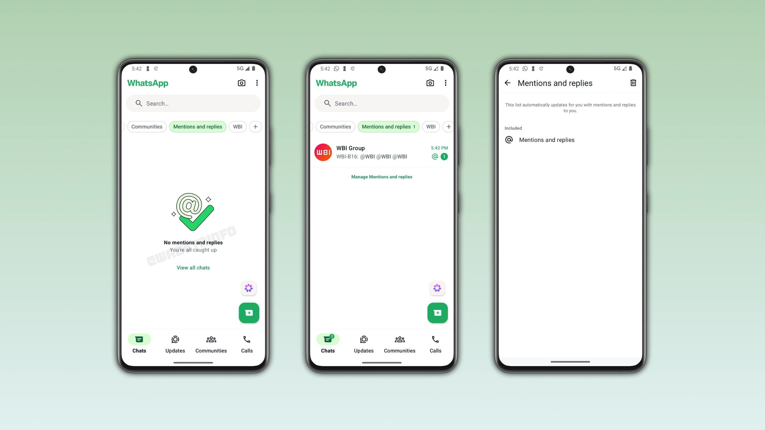 The image shows the Mentions and replies filter in the chat list on WhatsApp for Android
