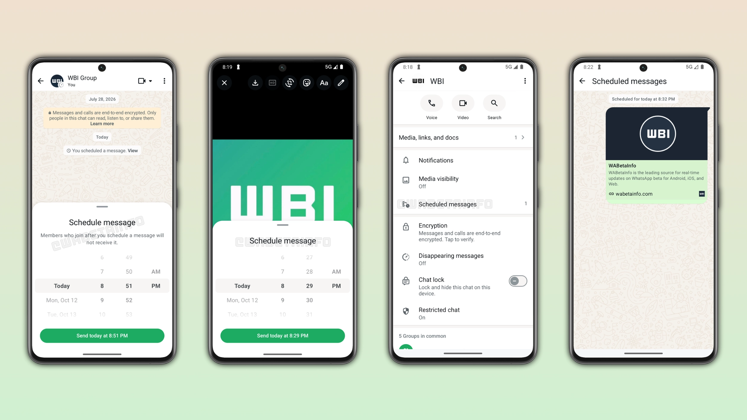 The image shows how to schedule a message on WhatsApp beta for Android